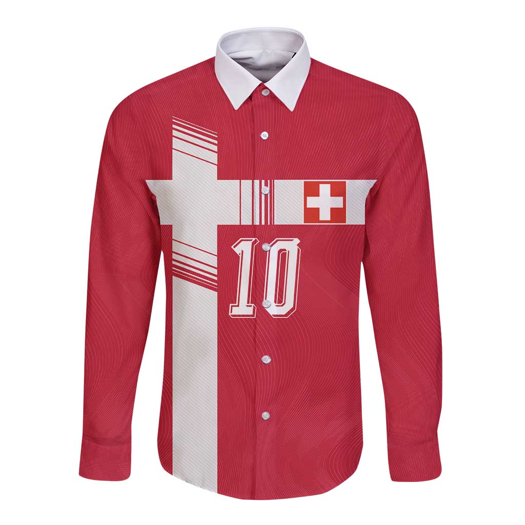 Custom Switzerland National Football Long Sleeve Button Shirt Abstract Topographic Wave Pattern