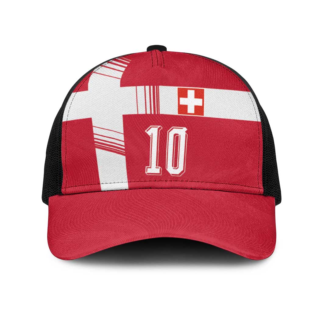Custom Switzerland National Football Mesh Trucker Cap Abstract Topographic Wave Pattern