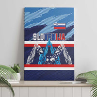 Slovenia canvas wall art in blue with SLOVENIJA text, flag bar, and stylized feathered design