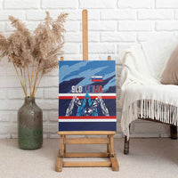 Slovenia canvas wall art on an easel, blue SLOVENIJA lettering with flag stripes and wings