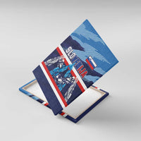 Slovenia canvas wall art shown at an angle, blue SLOVENIJA graphic with flag stripe