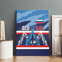 Slovenia canvas wall art in blue with bold SLOVENIJA letters, flag band, and geometric wings