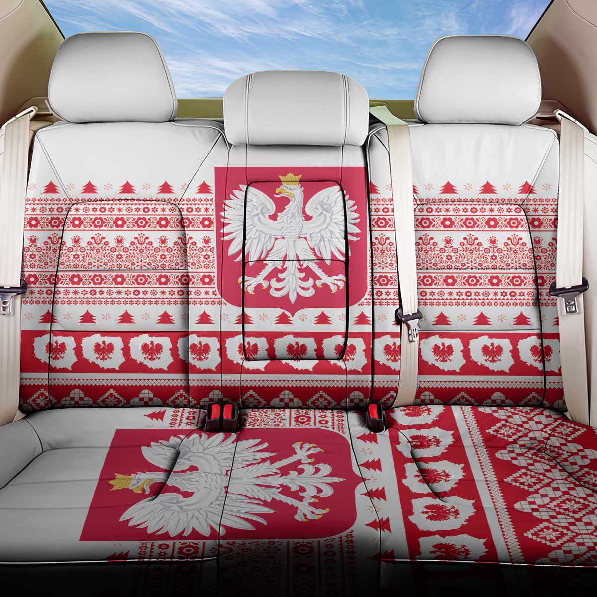 Polish Christmas Back Car Seat Cover - Poland Emblem and Lachy Sadeckie Pattern - Wonder Print Shop