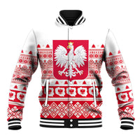 White baseball jacket with red festive patterns, front eagle emblem, striped ribbed collar and cuffs