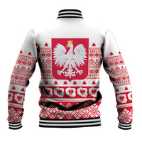White baseball jacket with red Christmas knit patterns, large eagle crest on back, ribbed striped cuffs