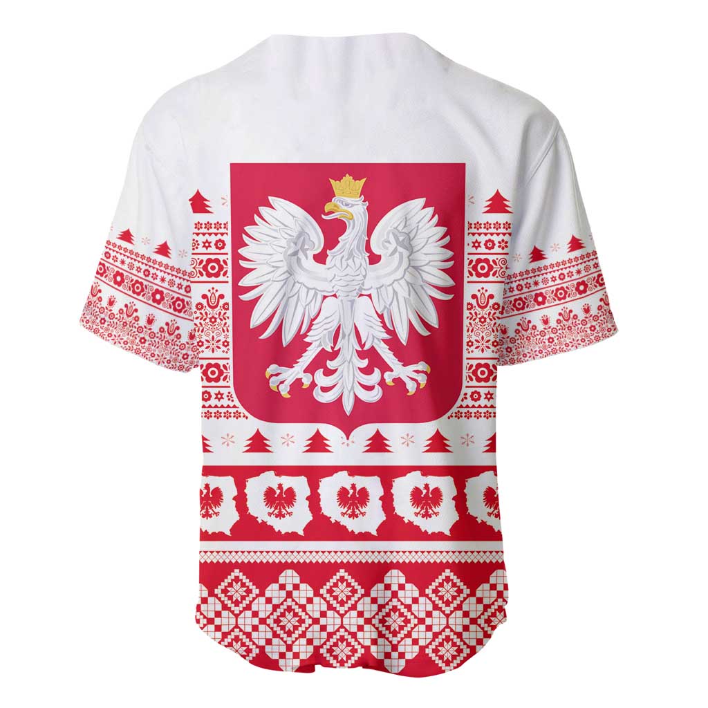 White baseball jersey with red Polish eagle back graphic and festive holiday pattern