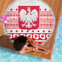Round 150cm beach blanket with fringed edge and Polish eagle emblem in red-white pattern