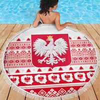 Round 150cm beach blanket with Polish eagle emblem and festive red-white border patterns