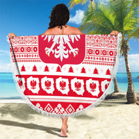 Round 150cm beach blanket with Polish eagle shield, red-white motifs and fringe edge