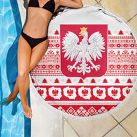 Round beach blanket with Polish eagle emblem, red-white decorative bands, fringed edge