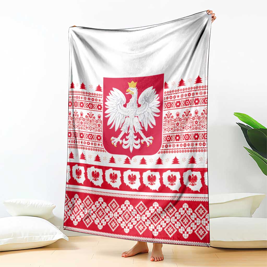 Red-and-white Christmas throw blanket with central Polish eagle and patterned border