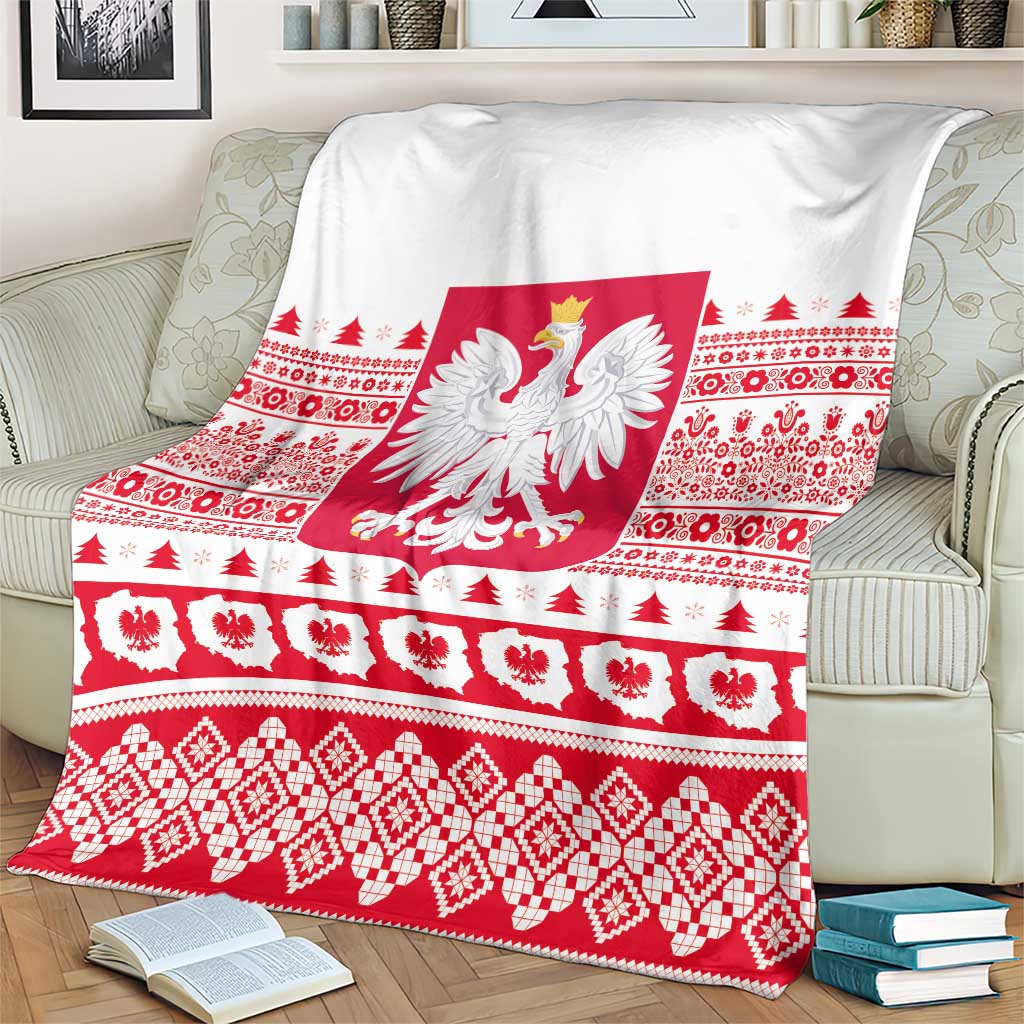 Christmas blanket with large Polish eagle emblem and red patterned stripes on white