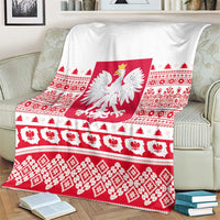Christmas blanket with large Polish eagle emblem and red patterned stripes on white