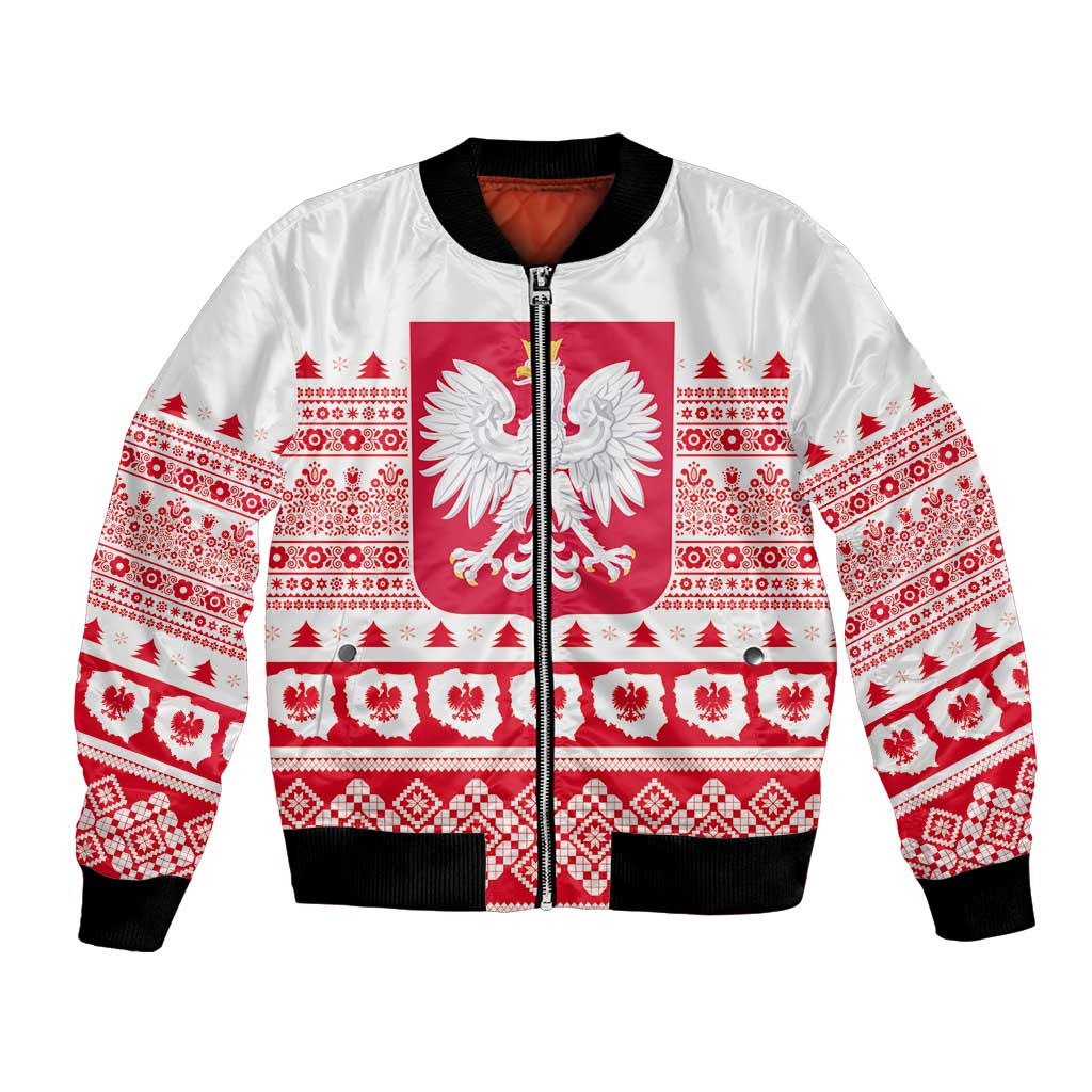 White unisex bomber jacket with red Polish emblem, festive pattern, front zipper.