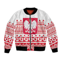 White unisex bomber jacket with red Polish emblem, festive pattern, front zipper.