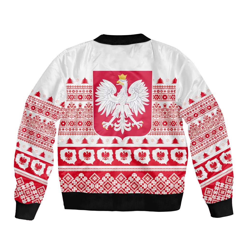 White unisex bomber jacket with red Polish emblem and holiday embroidery-style band.