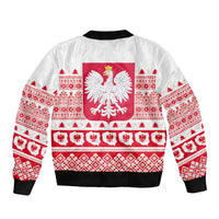 White unisex bomber jacket with red Polish emblem and holiday embroidery-style band.
