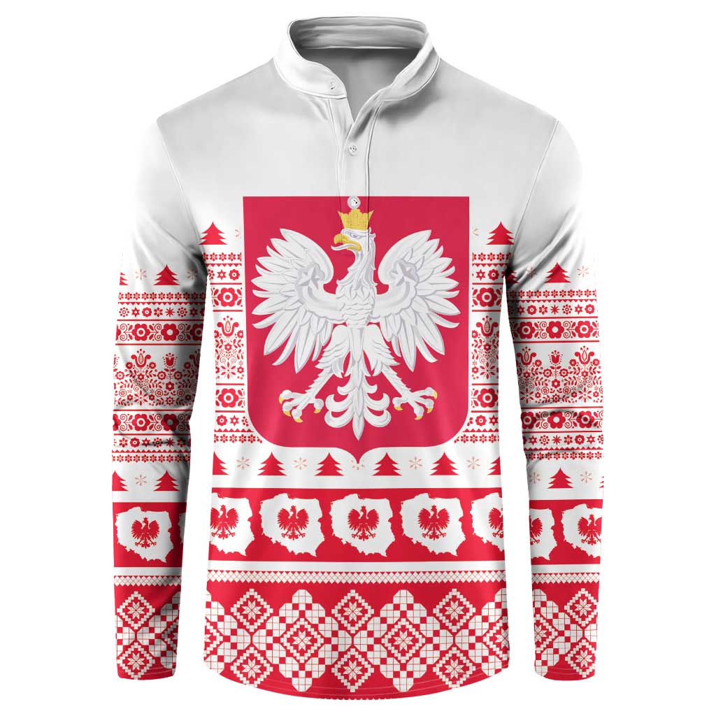 White zip-up sweatshirt with red Polish eagle and festive patterned trim