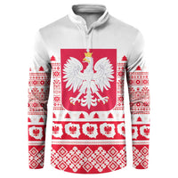 White zip-up sweatshirt with red Polish eagle and festive patterned trim
