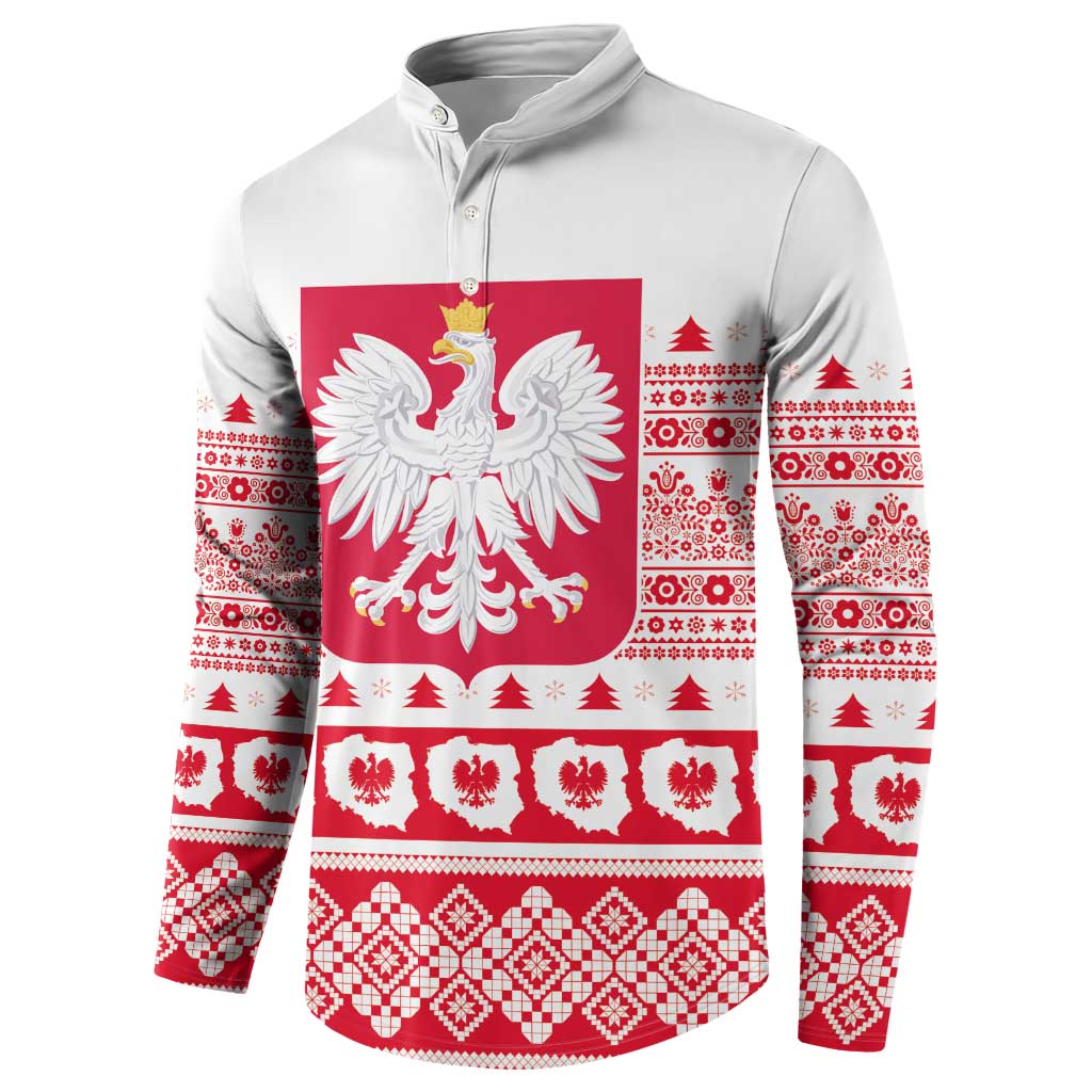 White quarter-zip sweatshirt with large red Polish eagle panel and holiday motifs