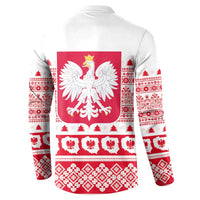 White sweatshirt back with red Polish eagle crest and holiday fair isle pattern