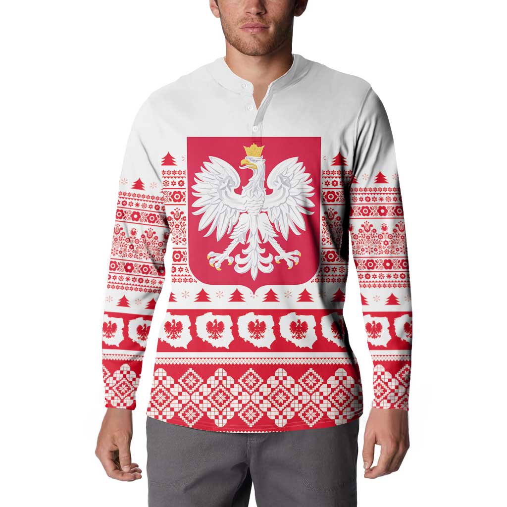 White button sweatshirt worn by model, red eagle crest and holiday pattern