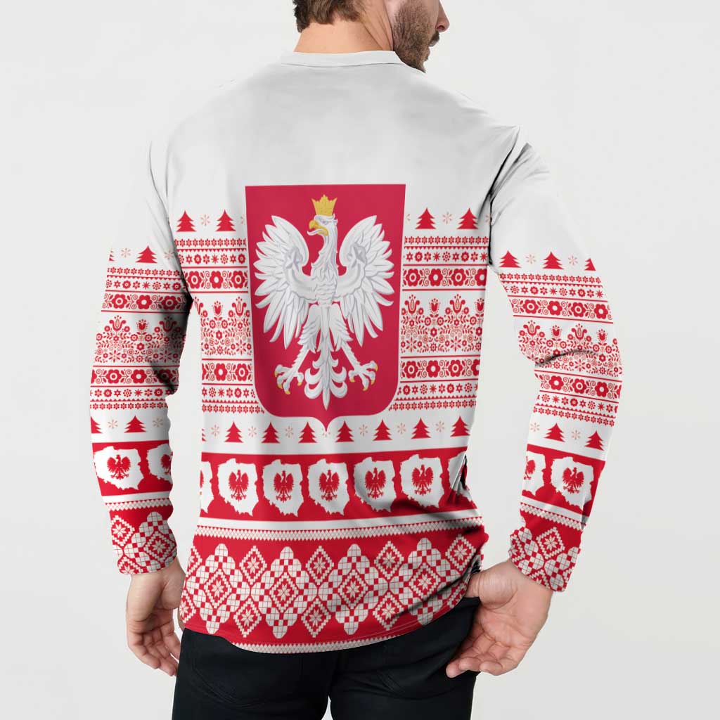 White sweatshirt back on model, red eagle crest over fair isle and tree motifs