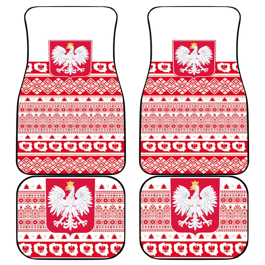 Set of four red and white Christmas car mats with Polish eagle emblem and ornaments