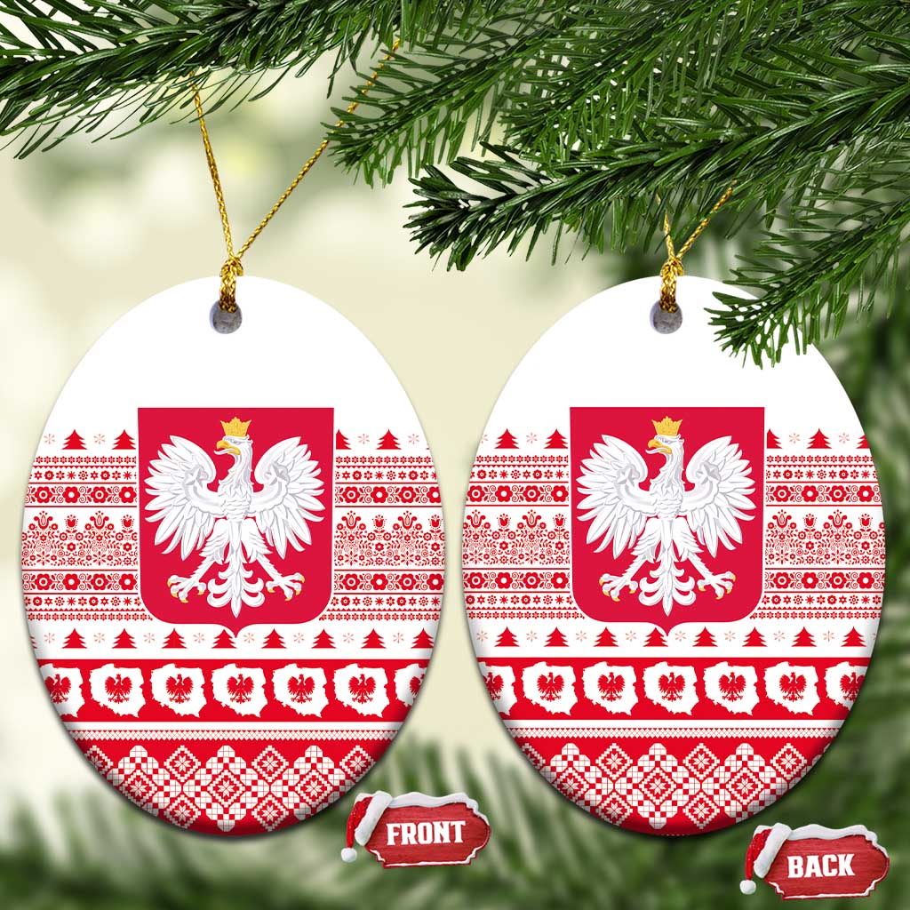 Oval ceramic Christmas ornaments with Poland emblem, red-and-white folk pattern, gold hanging loops