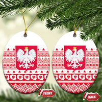 Oval ceramic Christmas ornaments with Poland emblem, red-and-white folk pattern, gold hanging loops