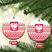 Round Poland emblem ceramic Christmas ornament, red-and-white folk pattern, gold hanging loop