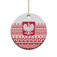 Round Poland emblem ceramic ornament, red-and-white folk pattern, gold hanging string