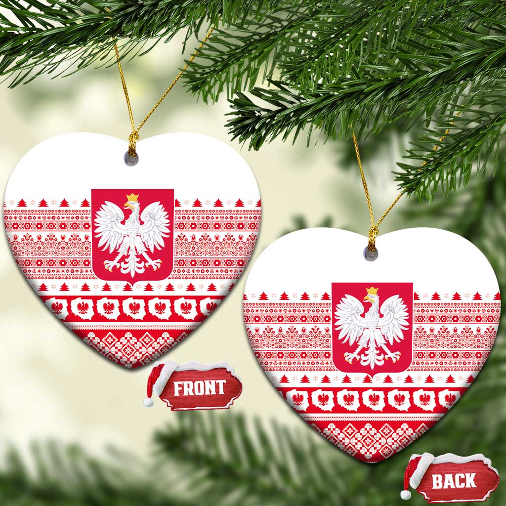 Heart-shaped Poland emblem ceramic ornament, red-and-white folk pattern, gold hanging loop