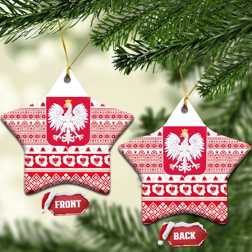 Star-shaped Poland emblem ceramic Christmas ornament, red-and-white folk pattern, gold hanging loop