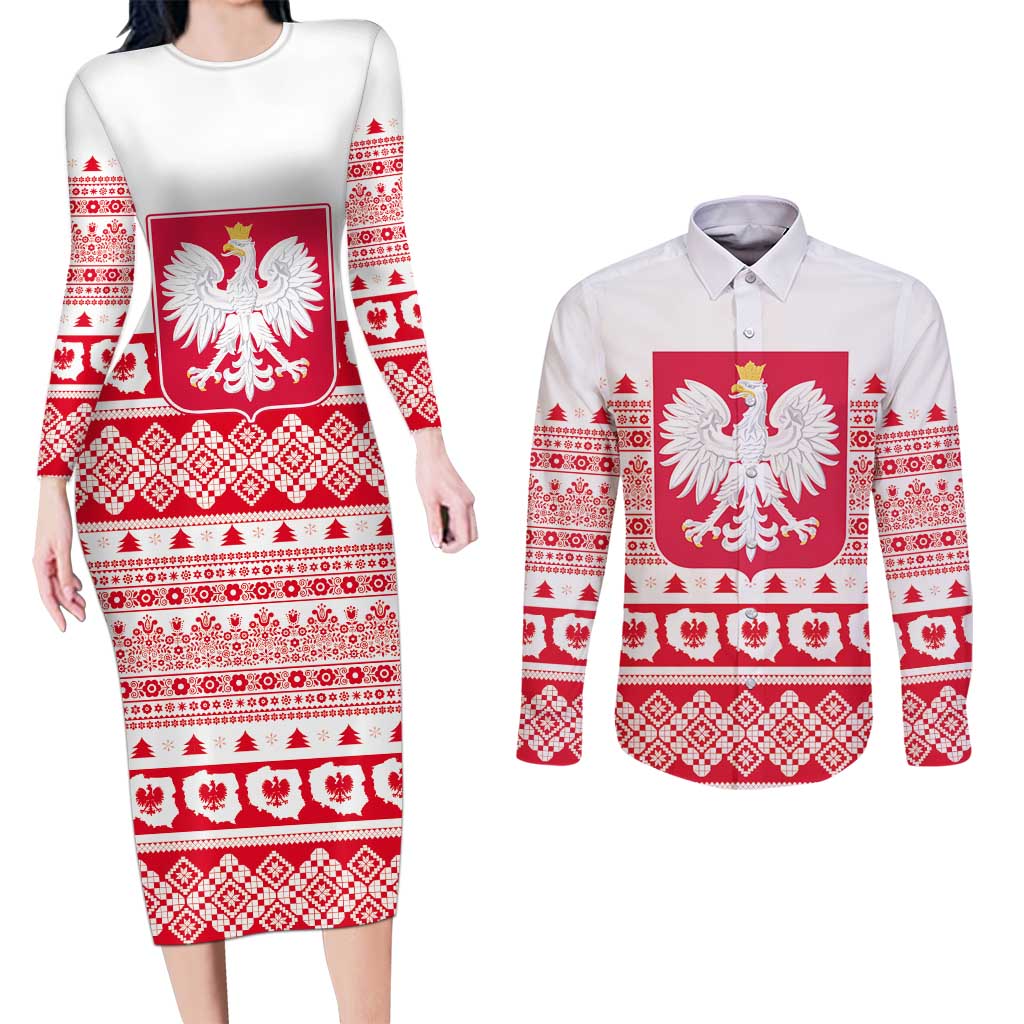 Polish Christmas Couples Matching Long Sleeve Bodycon Dress and Long Sleeve Button Shirt - Poland Emblem and Lachy Sadeckie Pattern - Wonder Print Shop