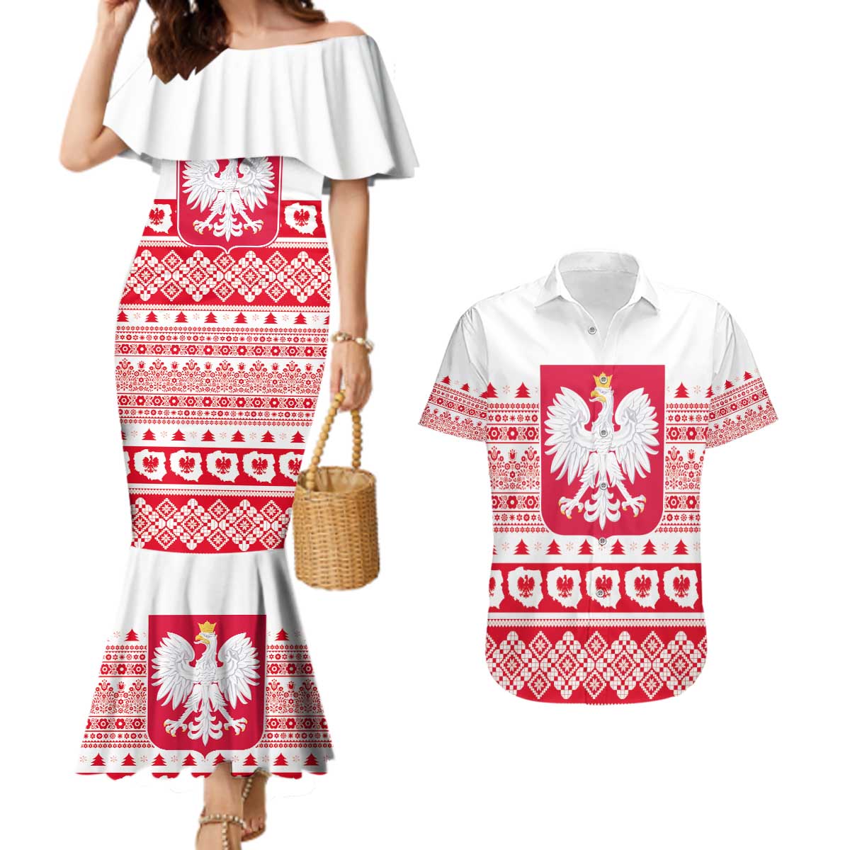 Polish Christmas Couples Matching Mermaid Dress and Hawaiian Shirt - Poland Emblem and Lachy Sadeckie Pattern - Wonder Print Shop