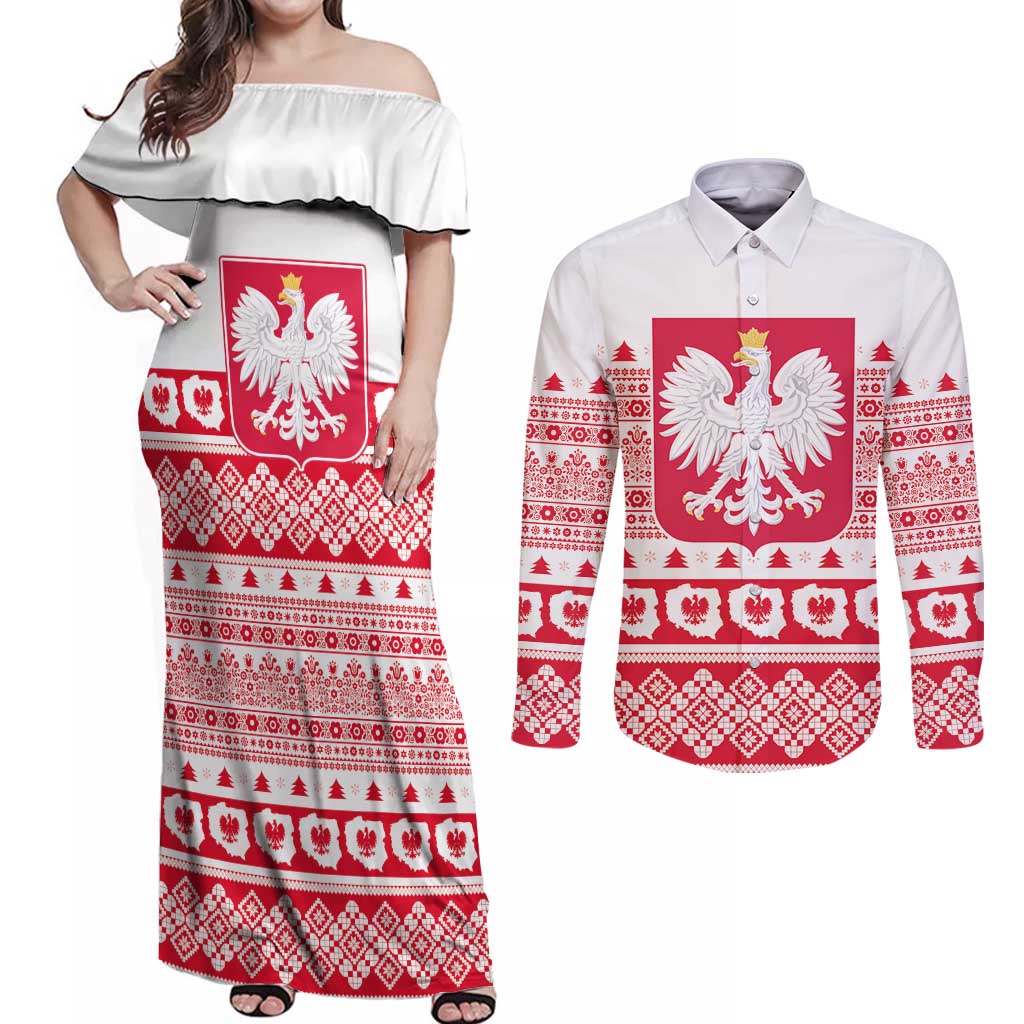 Polish Christmas Couples Matching Off Shoulder Maxi Dress and Long Sleeve Button Shirt - Poland Emblem and Lachy Sadeckie Pattern - Wonder Print Shop