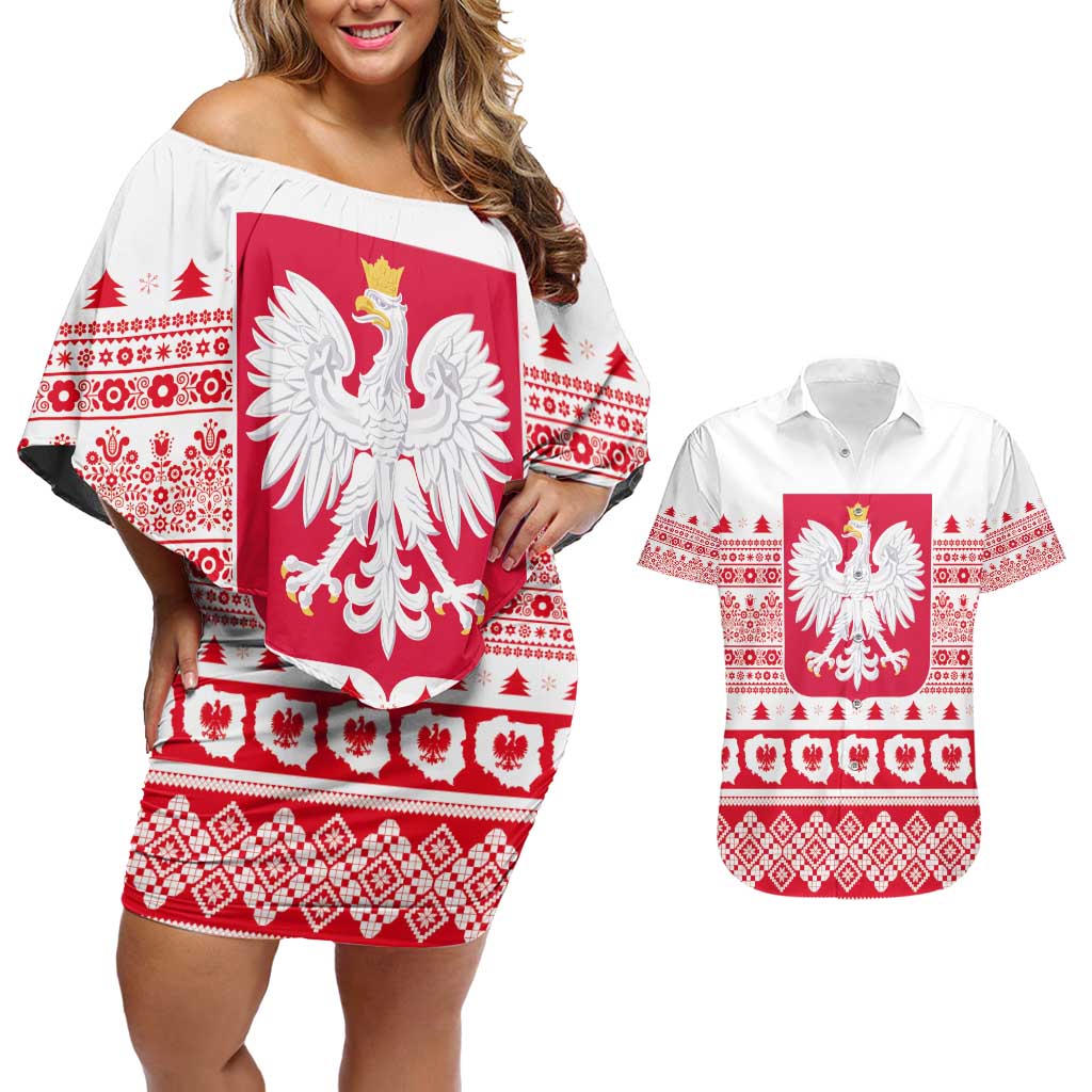 Polish Christmas Couples Matching Off Shoulder Short Dress and Hawaiian Shirt - Poland Emblem and Lachy Sadeckie Pattern - Wonder Print Shop