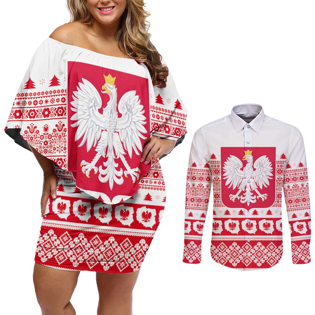 Polish Christmas Couples Matching Off Shoulder Short Dress and Long Sleeve Button Shirt - Poland Emblem and Lachy Sadeckie Pattern - Wonder Print Shop