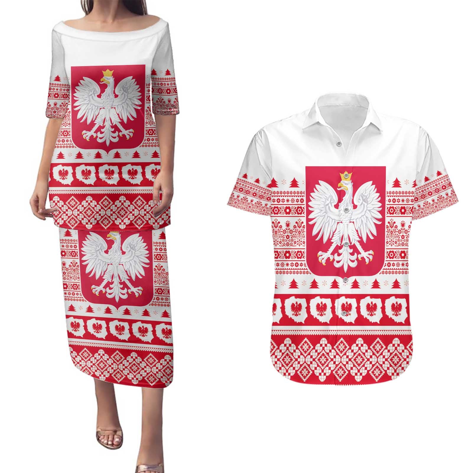 Polish Christmas Couples Matching Puletasi and Hawaiian Shirt - Poland Emblem and Lachy Sadeckie Pattern - Wonder Print Shop