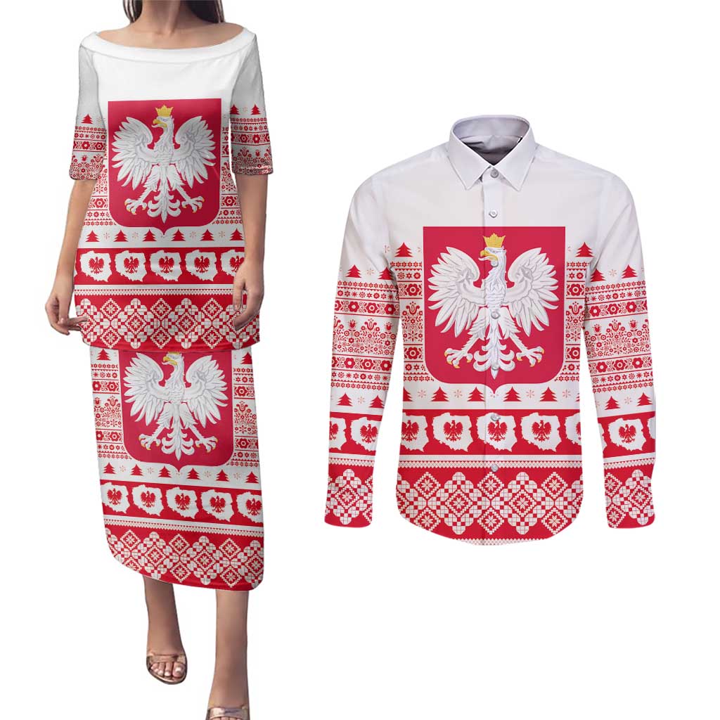 Polish Christmas Couples Matching Puletasi and Long Sleeve Button Shirt - Poland Emblem and Lachy Sadeckie Pattern - Wonder Print Shop