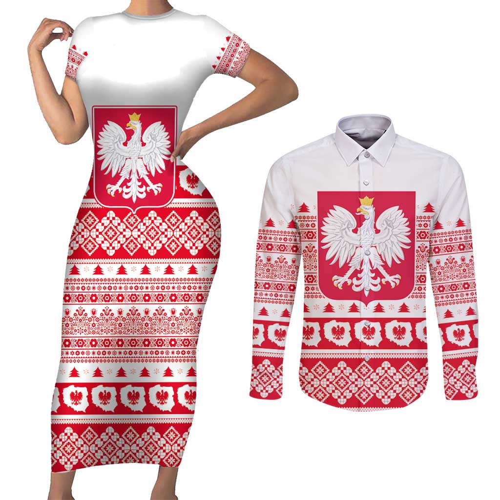 Polish Christmas Couples Matching Short Sleeve Bodycon Dress and Long Sleeve Button Shirt - Poland Emblem and Lachy Sadeckie Pattern - Wonder Print Shop