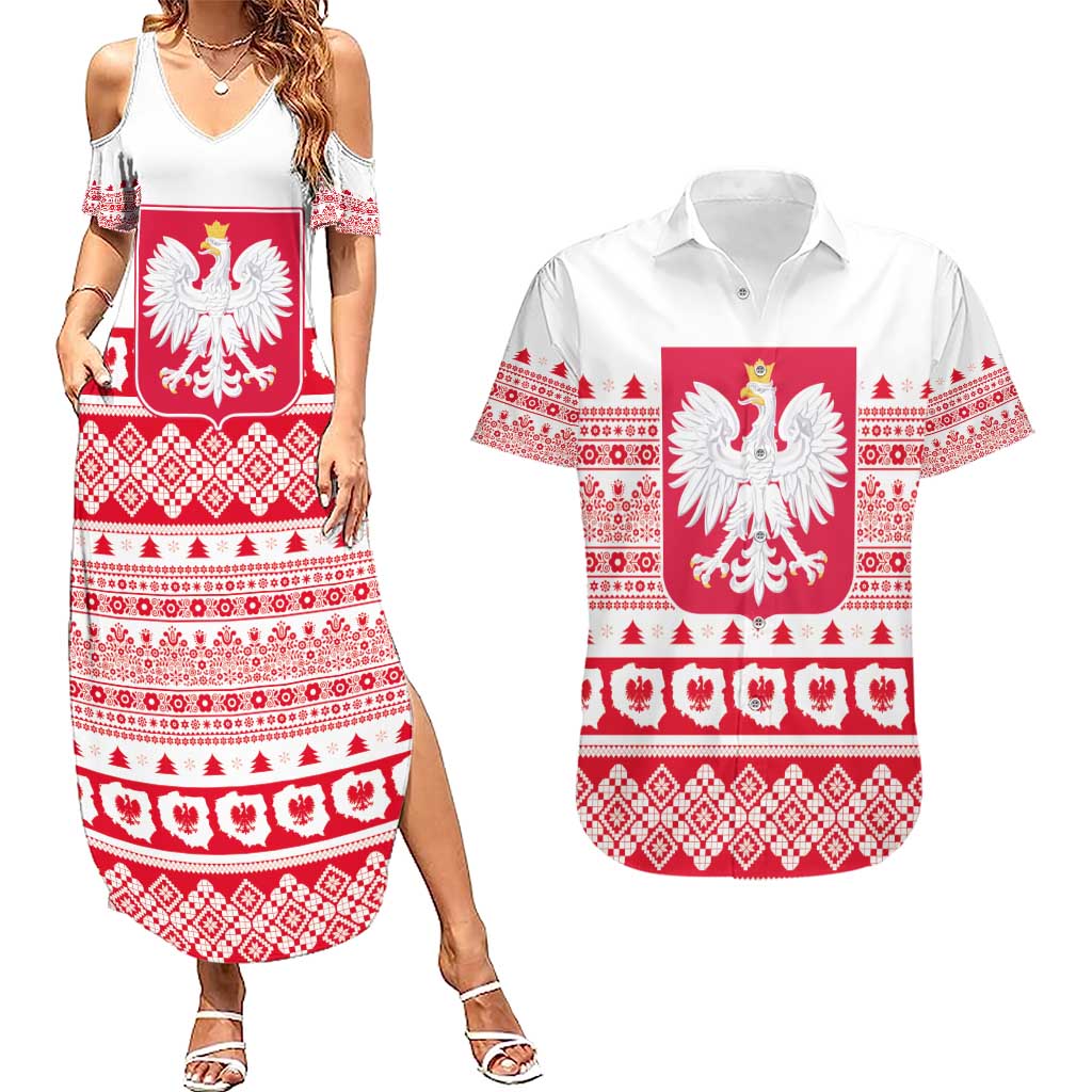 Polish Christmas Couples Matching Summer Maxi Dress and Hawaiian Shirt - Poland Emblem and Lachy Sadeckie Pattern - Wonder Print Shop