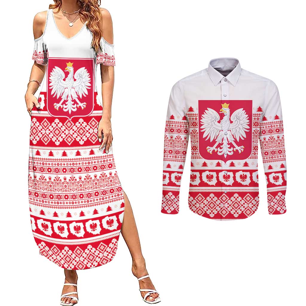 Polish Christmas Couples Matching Summer Maxi Dress and Long Sleeve Button Shirt - Poland Emblem and Lachy Sadeckie Pattern - Wonder Print Shop