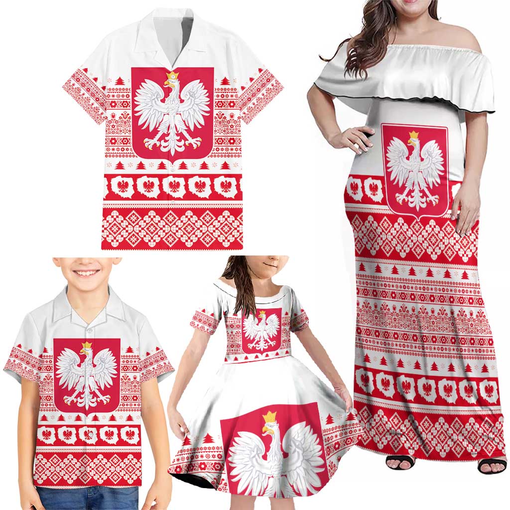 Polish Christmas Family Matching Off Shoulder Maxi Dress and Hawaiian Shirt - Poland Emblem and Lachy Sadeckie Pattern - Wonder Print Shop