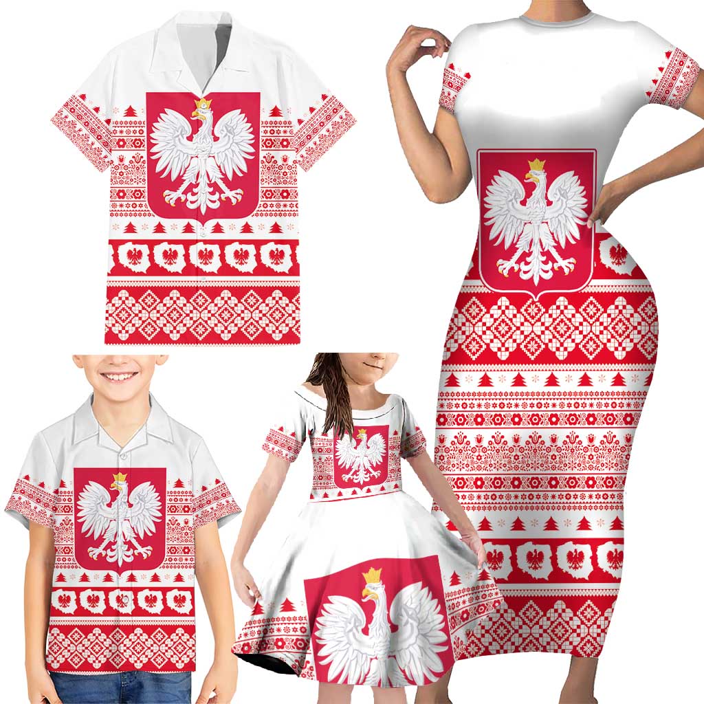 Polish Christmas Family Matching Short Sleeve Bodycon Dress and Hawaiian Shirt - Poland Emblem and Lachy Sadeckie Pattern - Wonder Print Shop