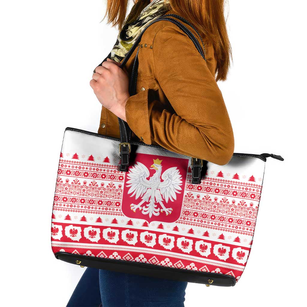 Polish Christmas Leather Tote Bag - Poland Emblem and Lachy Sadeckie Pattern - Wonder Print Shop