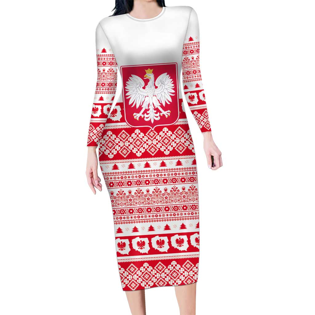 Polish Christmas Long Sleeve Bodycon Dress - Poland Emblem and Lachy Sadeckie Pattern - Wonder Print Shop