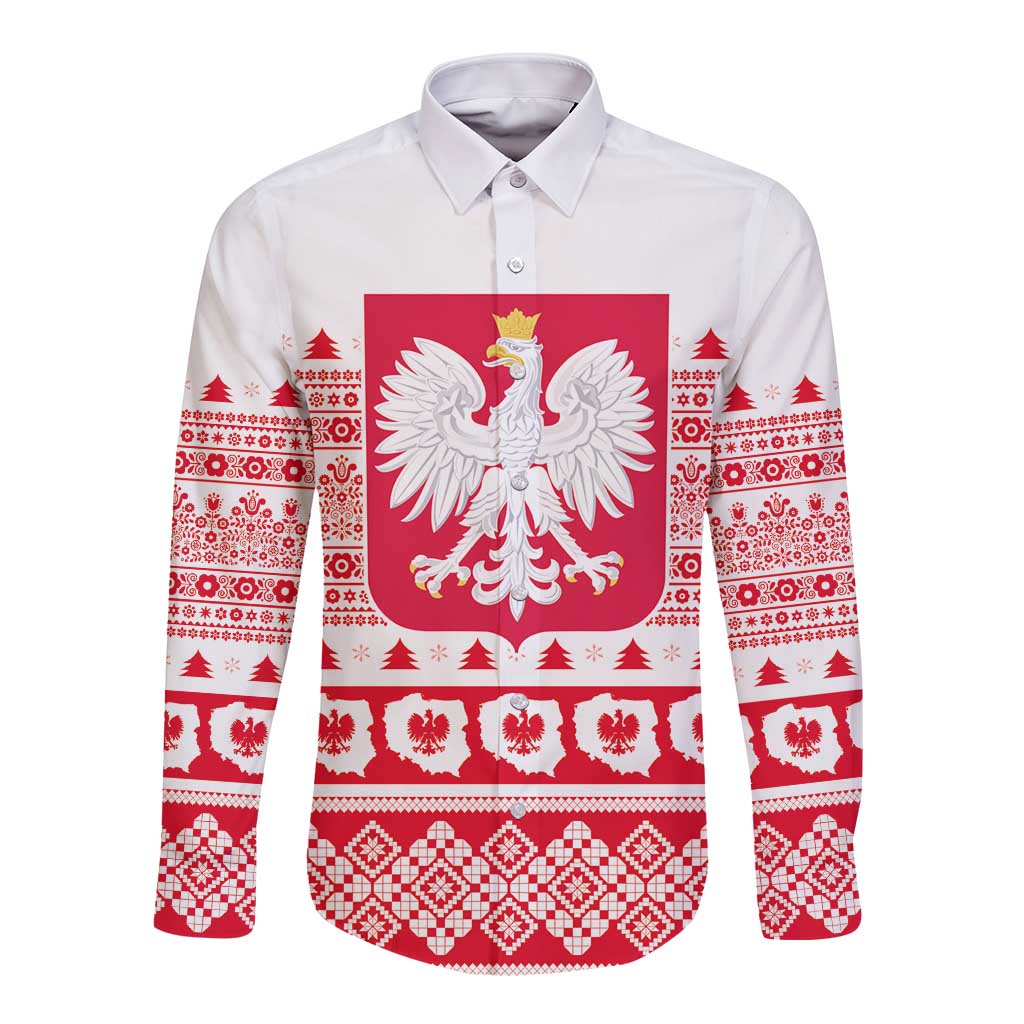 Unisex long-sleeve button shirt with red Polish crest and holiday pattern on white
