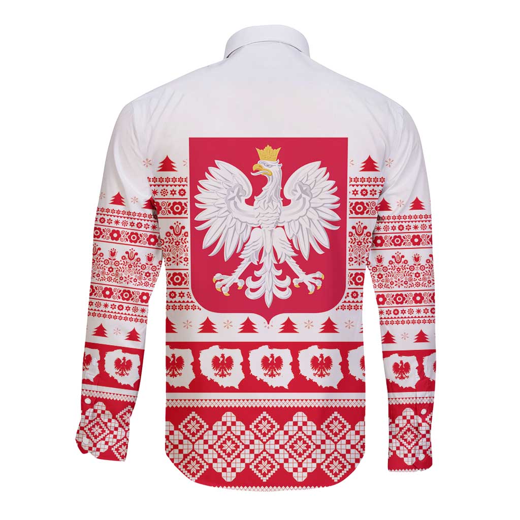 Unisex long-sleeve button shirt with red Polish crest and winter folk pattern on back